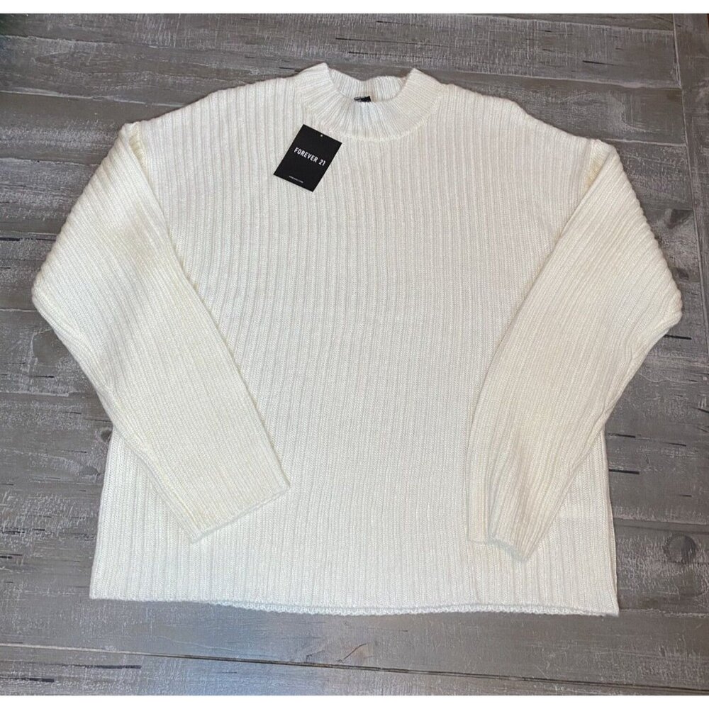 Forever 21 Sweater Junior's Size Medium Pullover‎ Long Sleeve Ivory Ribbed Knit